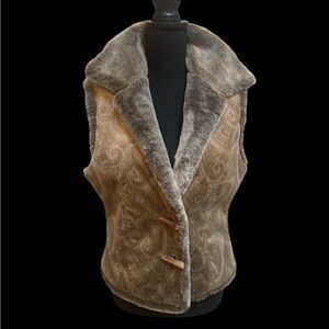 J. JILL PLUSH PAISLEY PRINT BROWN AND GRAY FAUX FUR COZY WINTER SNOW VEST SZ S